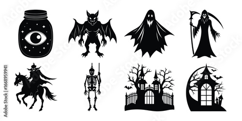 Spooky Halloween Silhouette Collection Gothic Macabre and Eerie Vector Illustrations