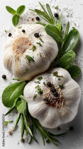Fresh Garlic Bulbs With Herbs on a White Surface Create an Appealing Culinary...