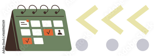 Desk calendar with marked tasks, user icon, and directional arrows indicating planning, scheduling, and time management. Ideal for productivity, organization, workflow, deadlines teamwork project