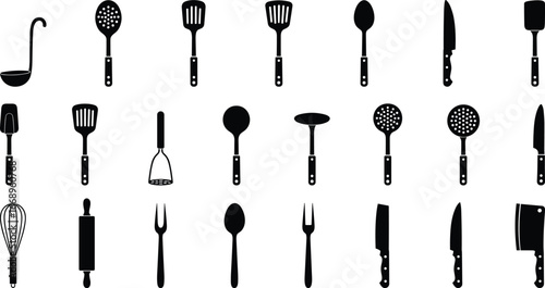 Kitchen utensil silhouettes, black vector icons, cooking tools set, CAD drawing, flat illustration, culinary equipment, food prep, stock image