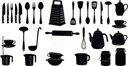 Kitchen utensil silhouettes, cookware icon set, black vector tools, CAD drawing, flat illustration, culinary equipment, food prep, stock image