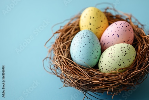 Colorful Speckled Eggs Arranged in a Natural Nest Against a Blue Background