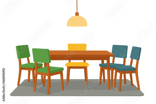 Vector illustration of a dining room containing a wooden table with six differently colored and sized chairs and a lamp suspended above it, set in an otherwise empty room