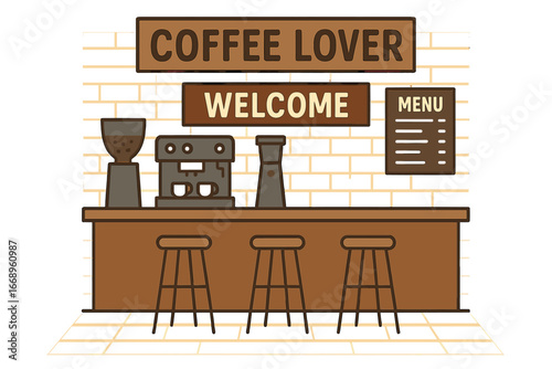Vector illustration of a linear icon representing a coffee bar space including a signboard