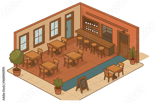 Isometric view of a pizzeria interior complete with furniture, presented in vector format