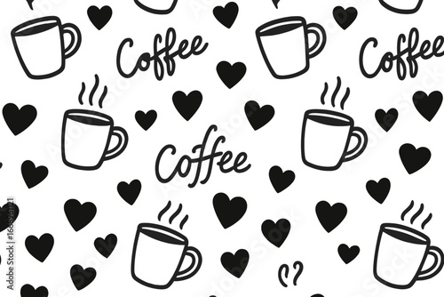 Seamless pattern featuring hand-drawn hot coffee cups, handwritten text Coffee, and hearts in a beverage-themed vector design