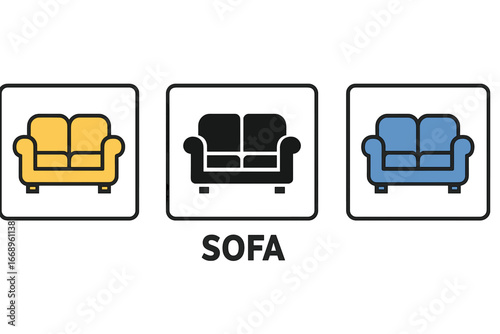 Customizable Sofa Icon with Label, suitable for various platforms including mobile apps, websites, software, and printed materials