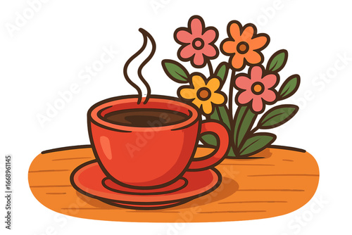 Brightly colored cartoon illustration of a vibrant red coffee cup filled with a steaming hot drink, set amidst blooming flowers and lush green leaves on a wooden table