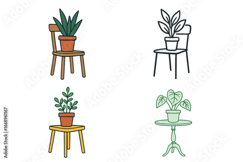 A compilation of manually created artwork showcasing diverse chairs, circular tables, and ornamental potted plants in a range of styles
