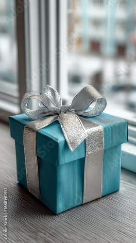 Gift Box Wrapped in Blue Paper With Silver Ribbon Sits on a Table by the Window.