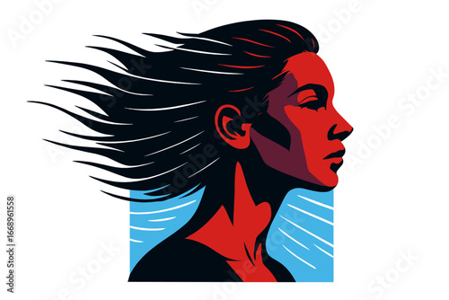 A vector illustration of a woman's profile features abstract fluid lines in motion, conveying a theme of mindfulness and philosophical introspection through meditation and self-awareness