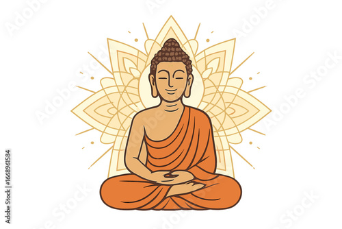 A serene Buddha sits calmly in a geometric mandala, embodying enlightenment through mindfulness and peaceful practices