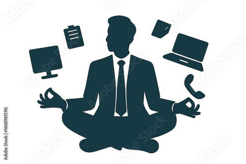 A corporate professional sits calmly in a lotus position, finding serenity in a busy office environment