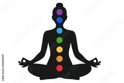 A serene figure in lotus pose radiates inner calm, with vibrant chakras signifying harmony and balance
