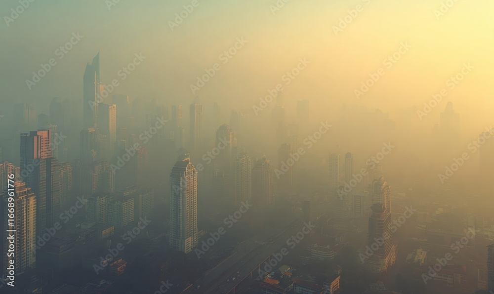 Fototapeta premium Aerial view of a hazy city skyline at sunrise