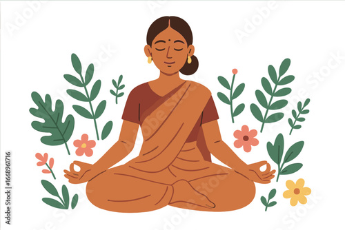 A serene female figure sits in contemplation, adorned in traditional garb, amidst a lush environment of botanicals