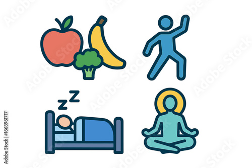 Visual representations of a healthy lifestyle showcase various habits for achieving equilibrium