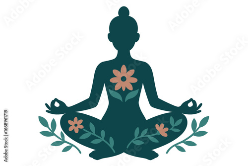 A figure in lotus pose is depicted in a stylized form with floral details