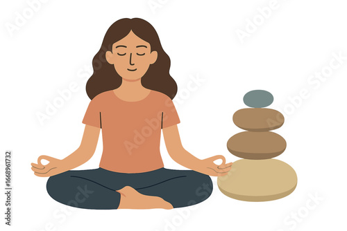 A serene woman in a meditative lotus position is surrounded by a symbol of balance and harmony, conveying inner peace and spiritual equilibrium