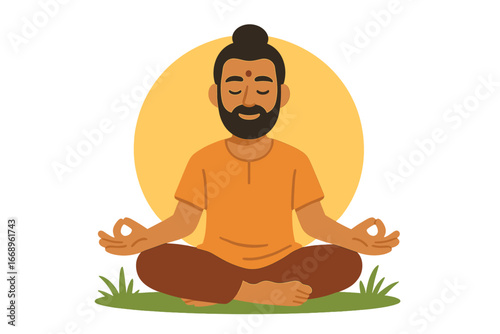 A bearded man in traditional clothing sits in a lotus position outside in a calm state