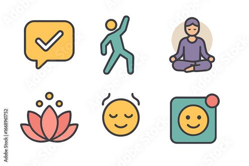 Mindful wellness app features AI-powered emotion tracking and relaxation exercises with calming icon vectors