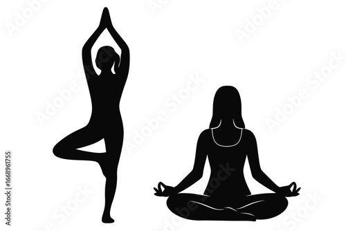 Conceptual illustration of a serene yoga silhouette incorporating a tree asana and meditation breathing pose, representing wellness, mindfulness, and spiritual growth