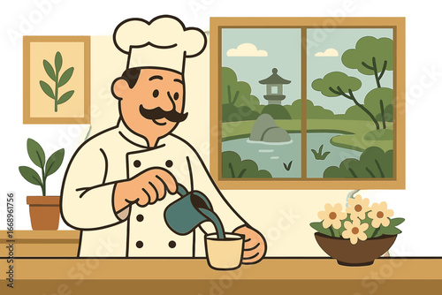 A serene atmosphere is depicted with a gentle blue hue, neat sand patterns, and a miniature tree