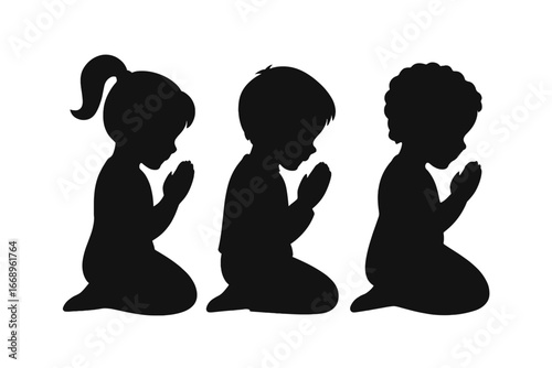 A collection of black and white silhouettes features children in meditative and prayerful poses