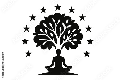 A serene individual sits in contemplation beneath a tree, surrounded by a celestial sphere of stars in a striking monochromatic artwork