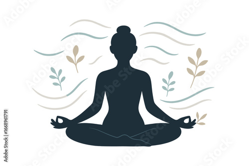 A person in a peaceful meditative position amidst organic patterns and plant-inspired motifs evokes a sense of tranquility and deliberate breathing