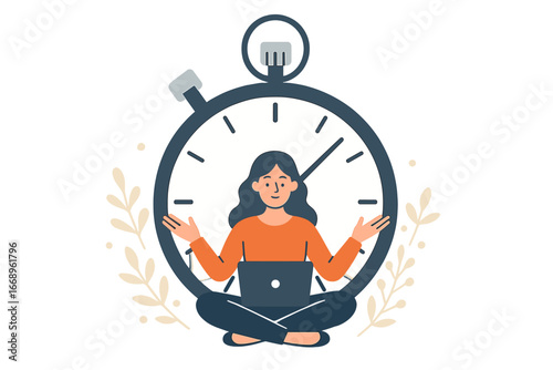 A young professional balances work and yoga at home with a laptop on a clock face, embracing flexible hours and efficient time management