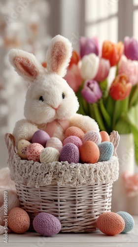 Cute Bunny Doll Surrounded by Colorful Easter Eggs and Flowers in a Cozy Setting