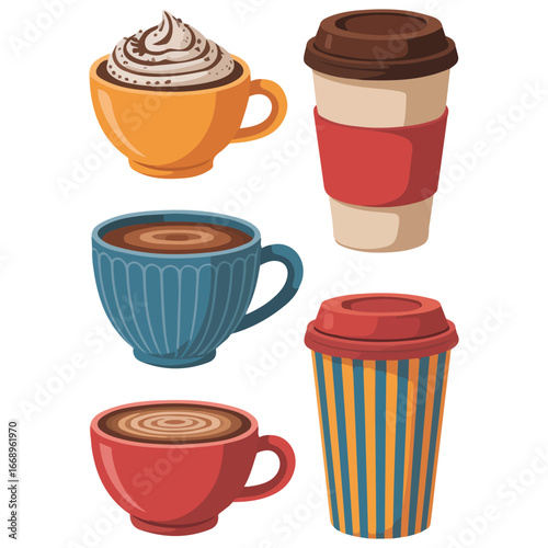 Set cup collection homemade mugs hot drinks isolated vector illustration on white background