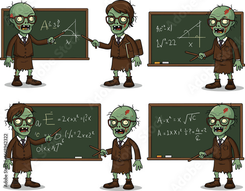 Cartoon zombie math teachers in classroom, funny undead educators with chalkboards, humorous education illustration, school teaching vector art for stock