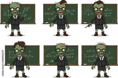 Cartoon zombie math teachers in classroom, funny undead educators with chalkboards, humorous education illustration, school teaching vector art for digital stock