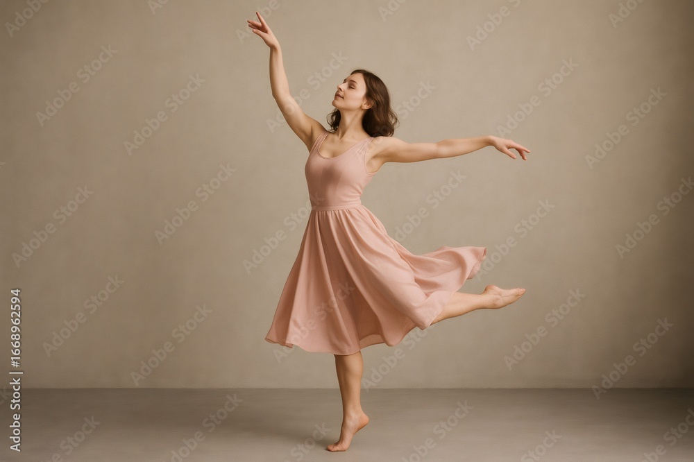 Naklejka premium Young ballerina in a flowing pink dress executes a graceful dance pose, showcasing fluidity and poise against a neutral backdrop