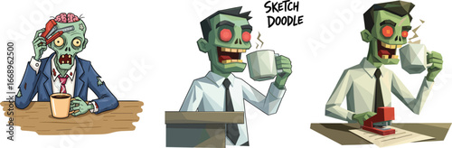 Cartoon zombie office workers with coffee, funny undead business characters at desk, humorous workplace exhaustion illustration, corporate humor vector art design