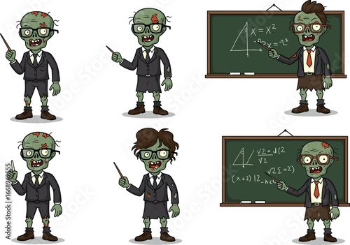 Cartoon zombie teachers in classroom, funny undead educators with chalkboards, humorous school illustration, math teaching vector art for educational stock
