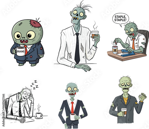 Cartoon zombie office workers drinking coffee, funny undead business characters at desk, humorous workplace exhaustion illustration, corporate humor vector art
