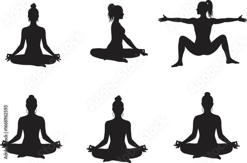 Silhouette yoga poses meditation, black vector figures in seated and squat positions, mindfulness exercise illustration, wellness and fitness design art