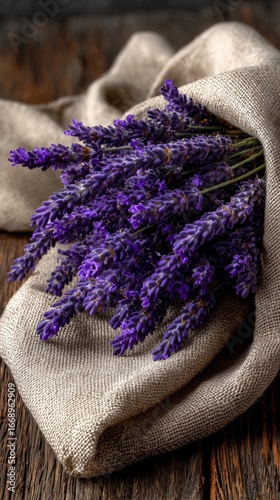 Freshly Harvested Lavender Bouquet Wrapped in Natural Fabric Setting