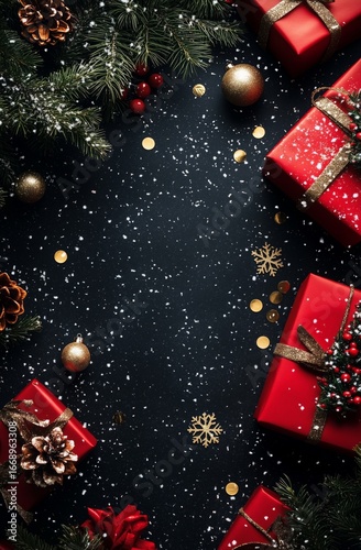 Christmas Gift Presentation With Red Boxes and Decorations on Dark Background.