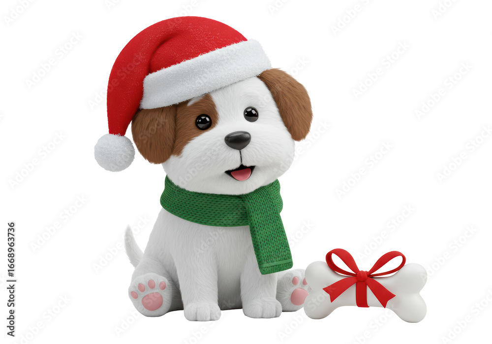 Fototapeta premium Isolated Adorable Christmas Puppy with a Red Santa Hat and Green Scarf, Sitting Next to a Bone Wrapped in a Red Ribbon on a White Background