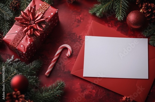 Festive Holiday Gift Arrangement With Red Wrapping, Candy Cane, and Empty Car...