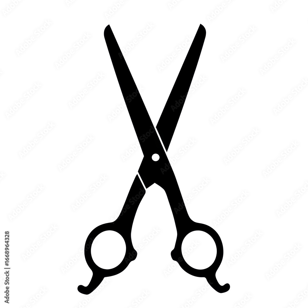 Simple black silhouette of scissors with circular handles, centered on a white background, blades crossing to form an X. Simple black silhouette of scissors with circular handles, centered on a white background, blades crossing to form an X.
