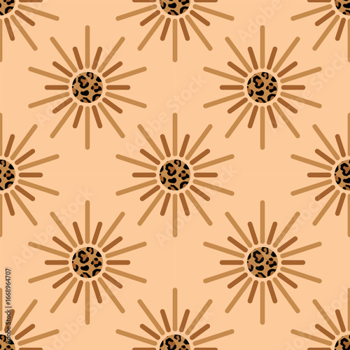 Abstract seamless pattern with sun and leopard print on beige background