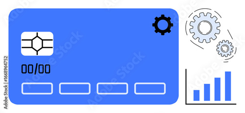 Credit card with chip, gears, and bar graph representing fintech, automation, data analytics, digital transactions, financial growth, secure technology and innovation. Ideal for banking e-commerce