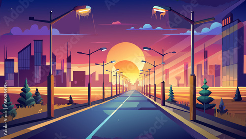 LED streetlights cast golden glow along quiet road beneath twilight sky, blending technology with serenity, while fading daylight embraces calm horizon, creating a peaceful urban landscape infused wit