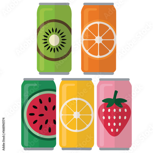 Set various tasty sodas aluminum can fruit drinks isolated vector illustration on white background
