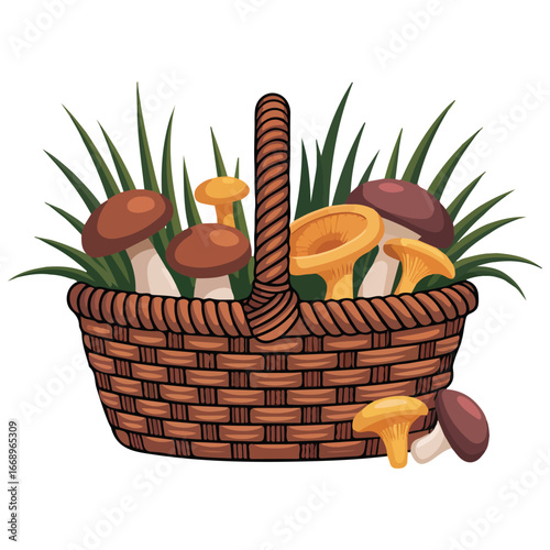 Mushrooms basket hiking forest food harvest isolated vector illustration on white background